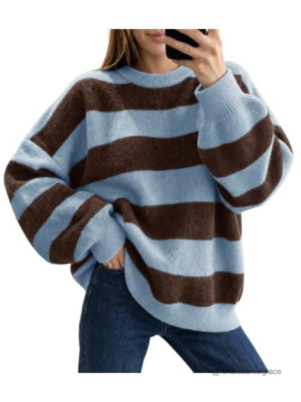 Oversized Striped Knit Pullover Sweater Lantern Sleeve